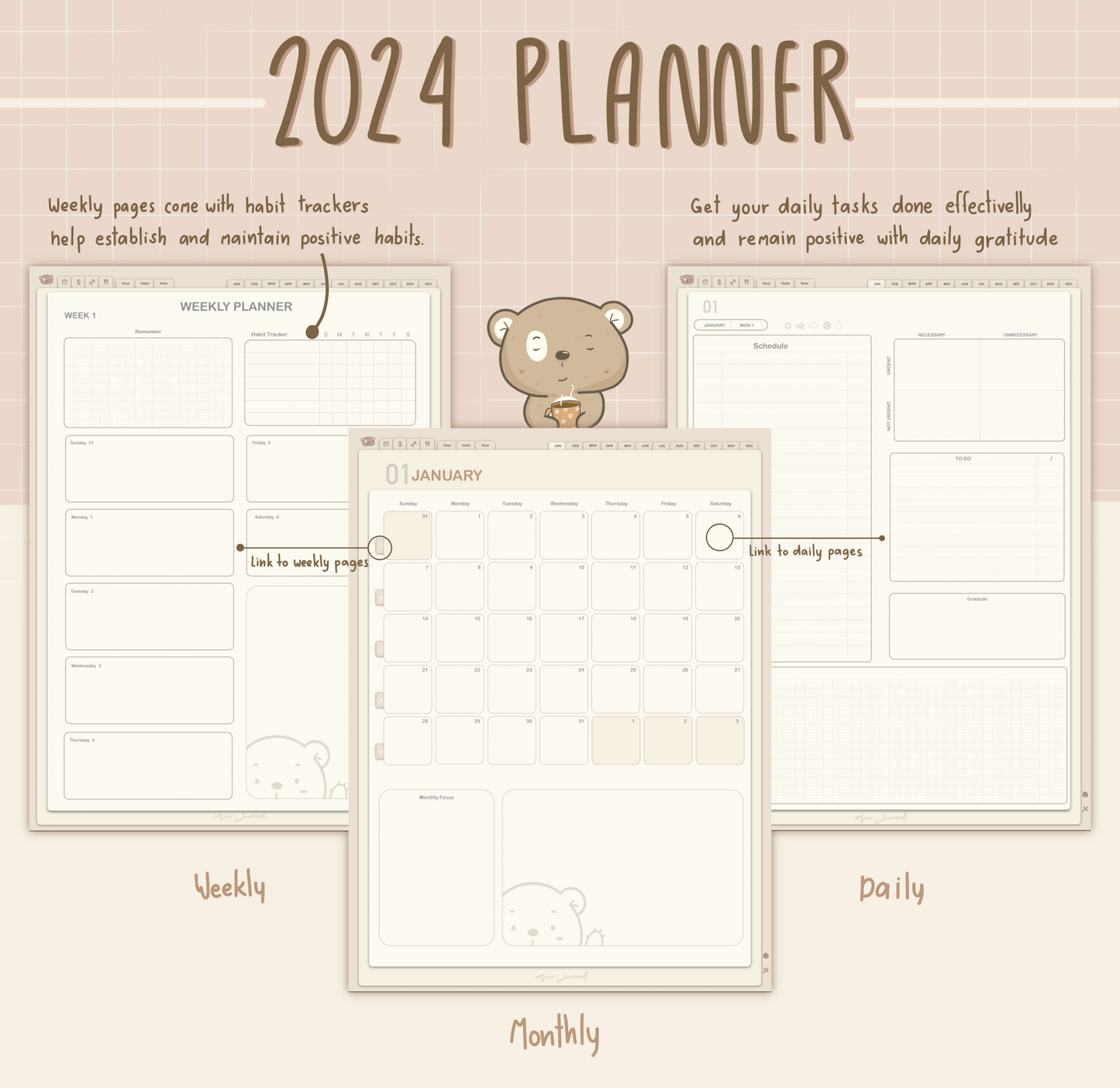 2024 Digital Planner / Mossi the Bear Planner portrait version