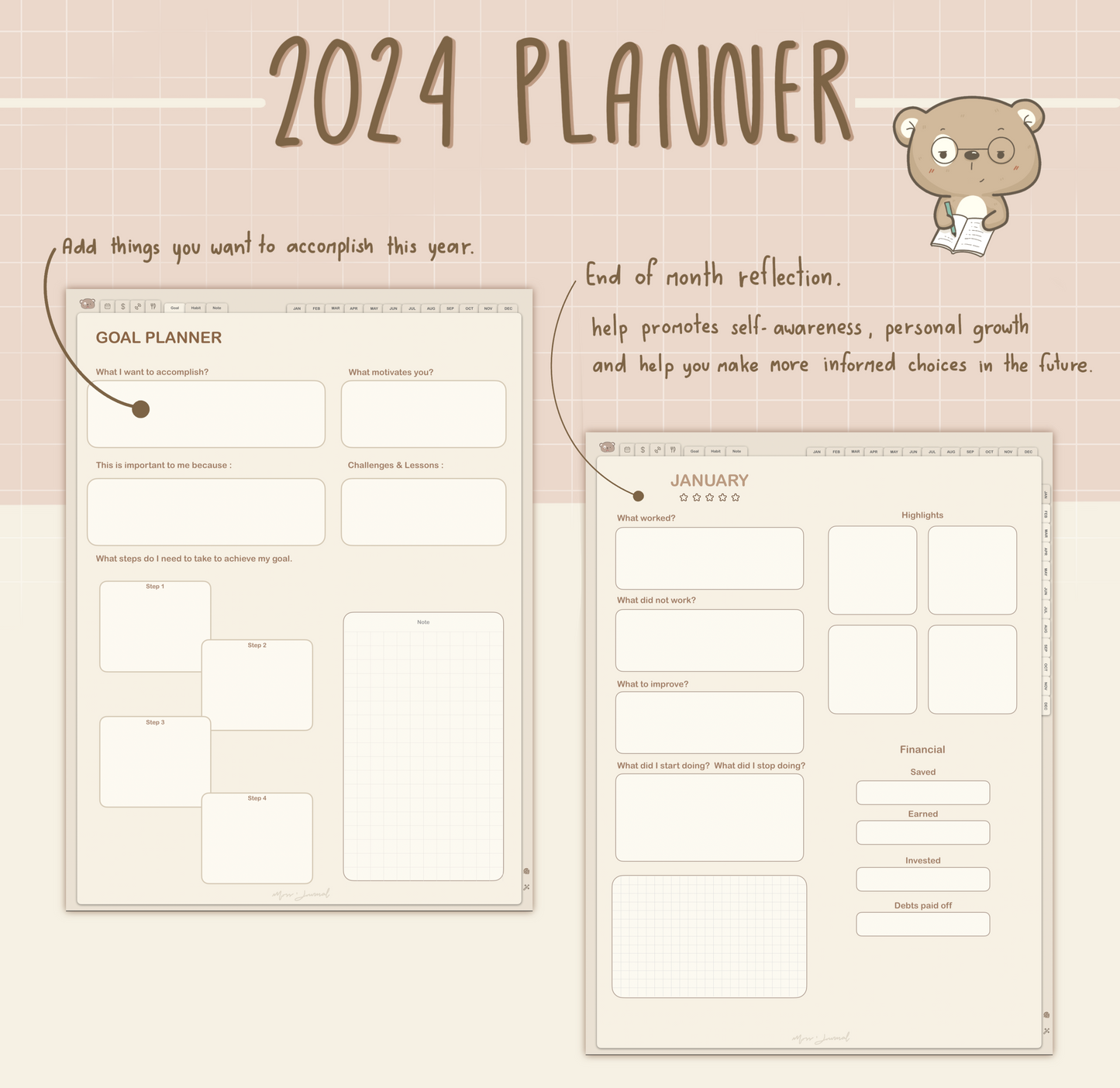 2024 Digital Planner / Mossi the Bear Planner portrait version