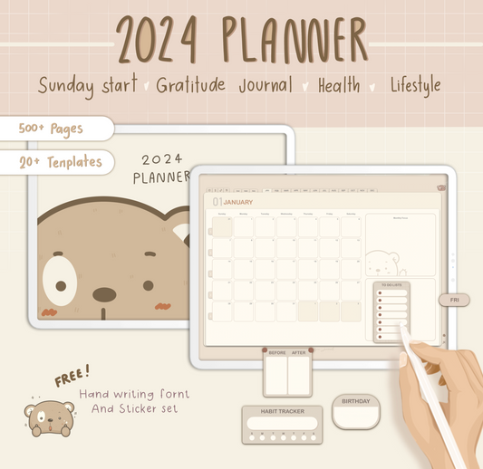 2024 Digital Planner / Mossi the Bear Planner landscape version